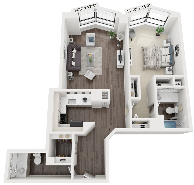 Floor plan for 1 bed, 1.5 baths, 855 sqft